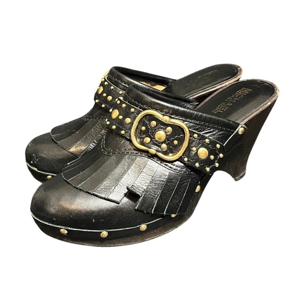 Michael Kors Black Studded Fringe‎ Mules Clogs Wooden Leather Boho Womens 6.5